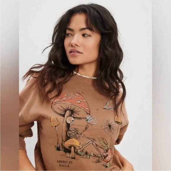 AE American Eagle Women's M Funday Mushroom Skeleton Brown crewneck Sweatshirt - Picture 2 of 10